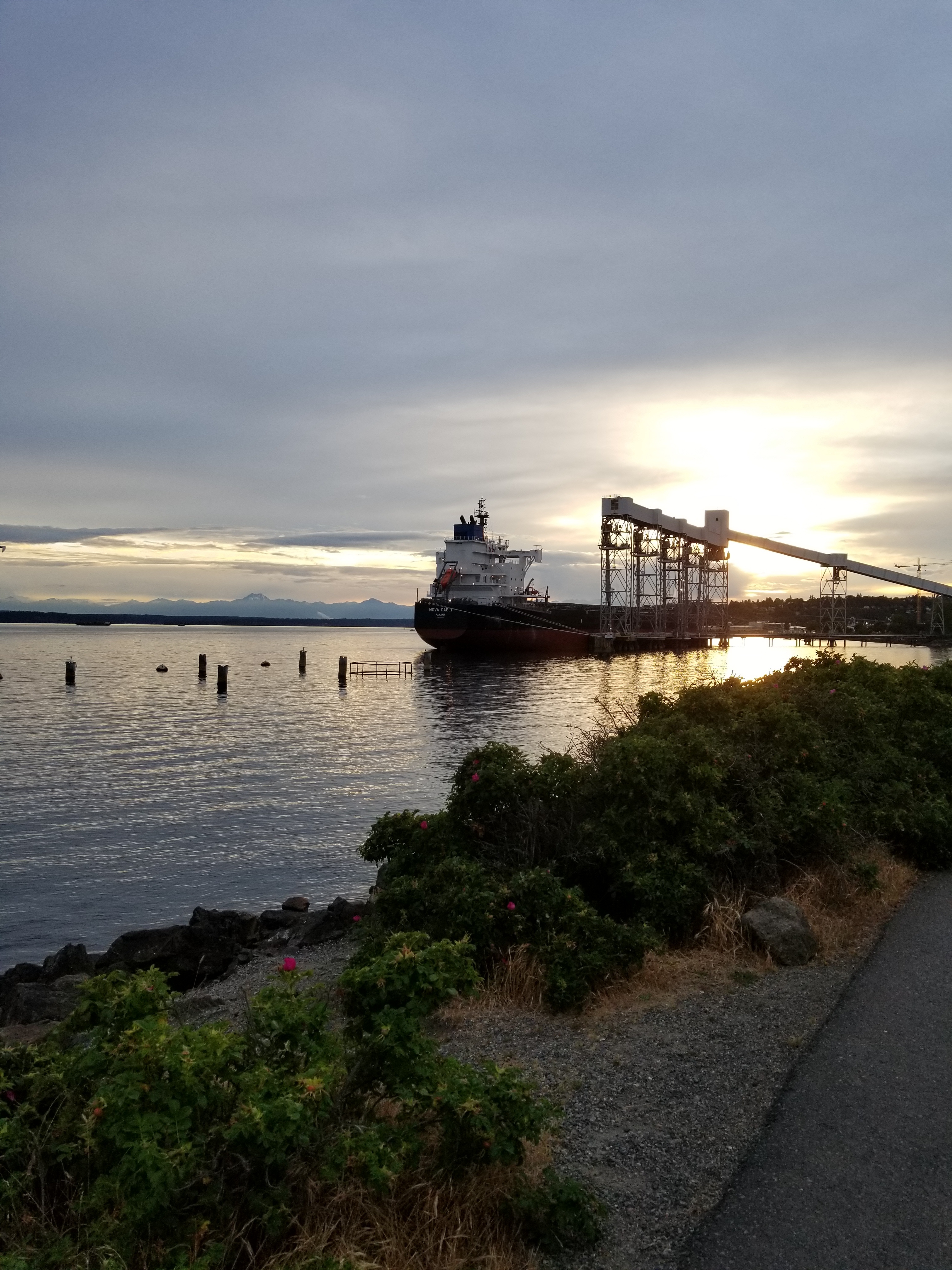 Elliot Bay in Seattle, setting sun casting a glow over the waters, with a ship in the background